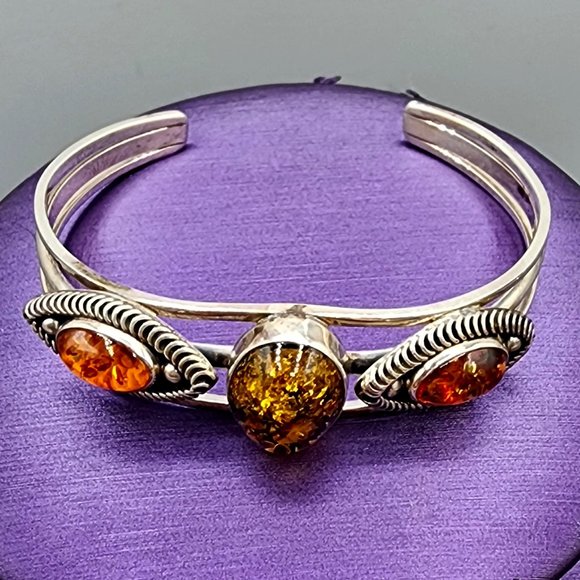 Vintage Navajo Signed Baltic Amber Three Stone Handmade Sterling Silver Bracelet - Picture 10 of 11